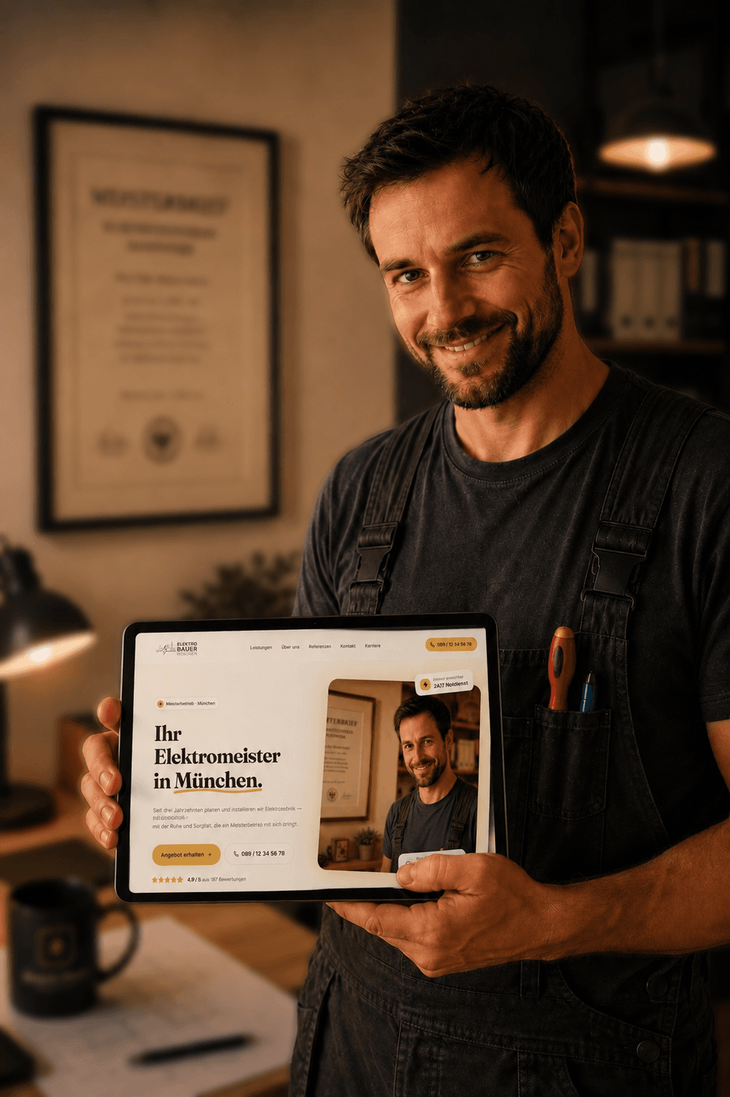 Handwerksmeister betrachtet seine neue Website für Elektriker auf einem Tablet - meister-seite.de